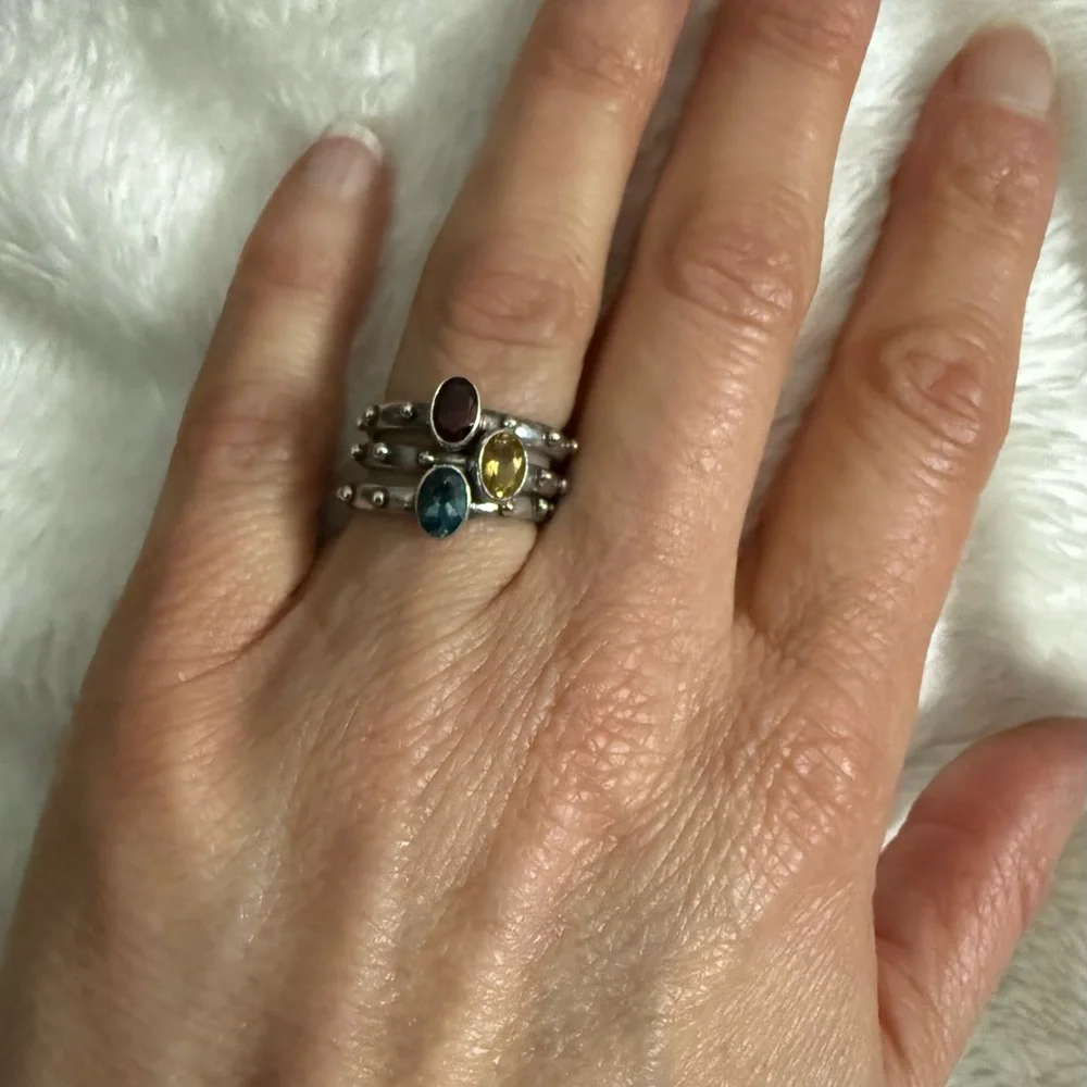 Stackable Silver Ring Set with Blue Topaz, Citrine, and Garnet - Picture 6 of 6